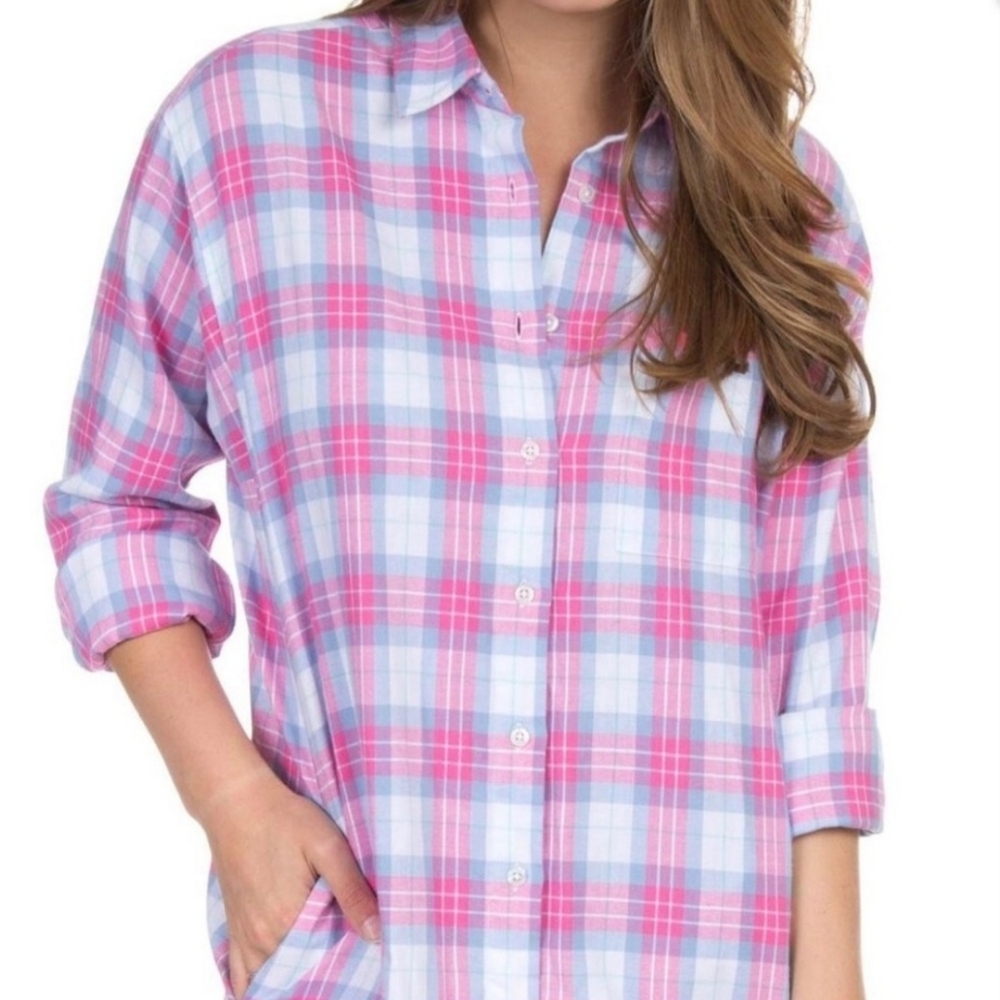 Lauren James Medium Pink Blue Cotton Flannel Button Down - Picture 1 of 10